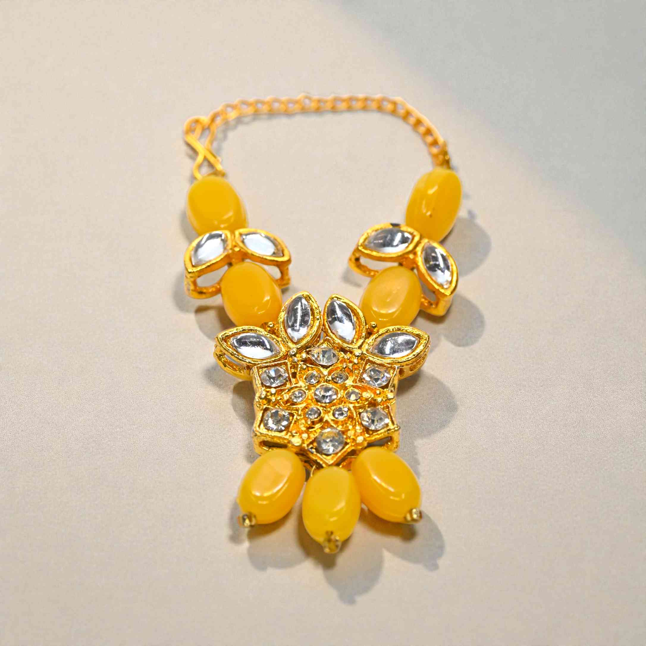 Yellow Kundan Laddu Gopal Haar | Thakur Ji Shringar Necklace with Beads | Suitable for 4, 5, 6 & 8 No Laddu Gopal Ji | Designer Deity Jewellery for Pooja & Janmashtami