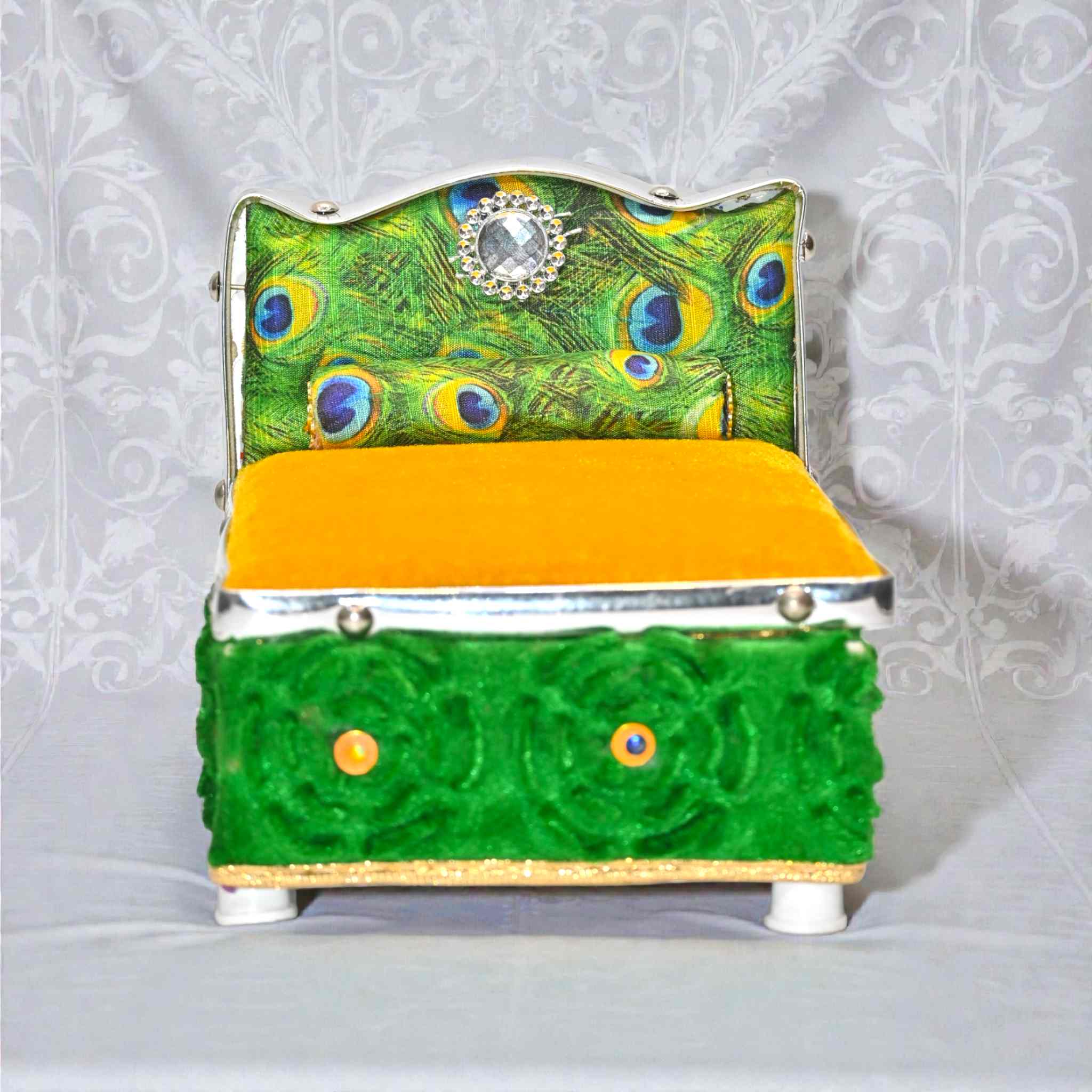 Peacock Design Laddu Gopal Bed | Thakur Ji Velvet Singhasan with Cushion | Decorative Palna for Bal Gopal Ji | Temple & Home Mandir Shringar